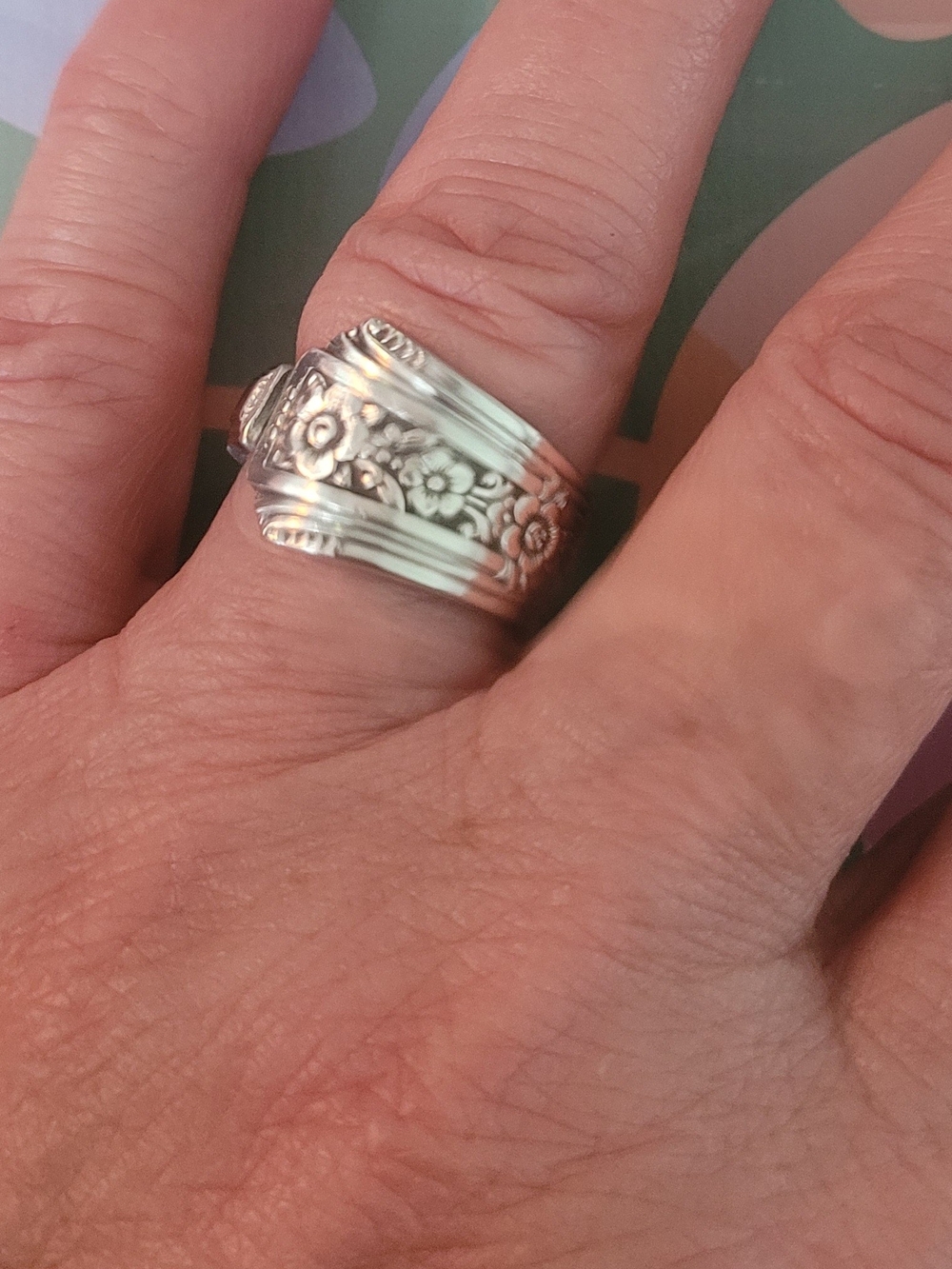 Sterling Silver Plated Floral Spoon Ring Size 8.5